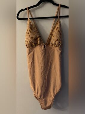Shade & Shore Camel Crochet Trim Plunge One-Piece Swimsuit